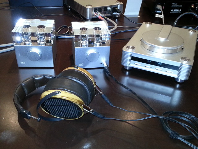 Woo Audio's WA7 amplifier, shown with the Audeze headphones